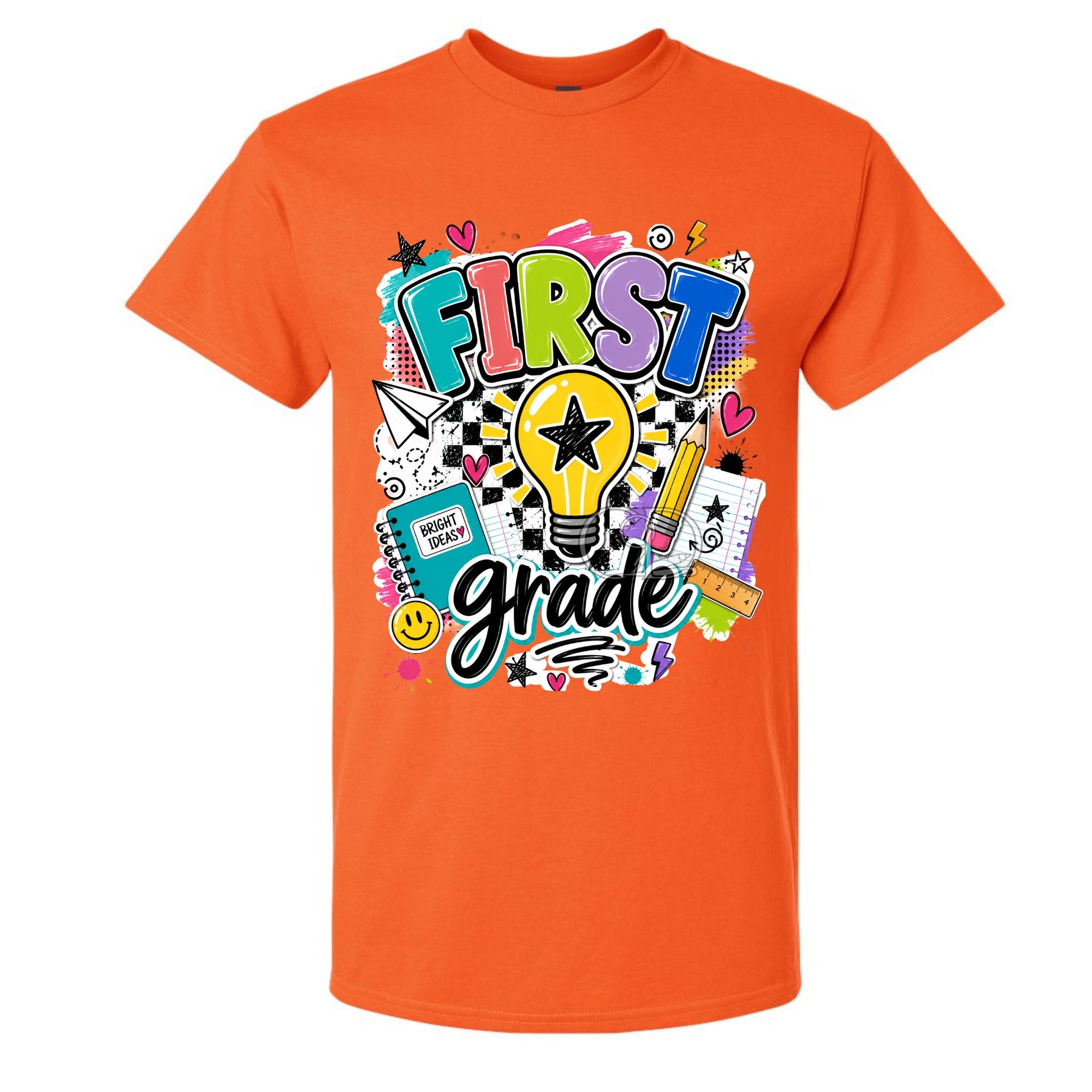 An orange short-sleeve crewneck t-shirt featuring a colorful 'FIRST grade' graphic on the front, complete with a lightbulb, stars, hearts, and school supplies, shown against a plain white background.
