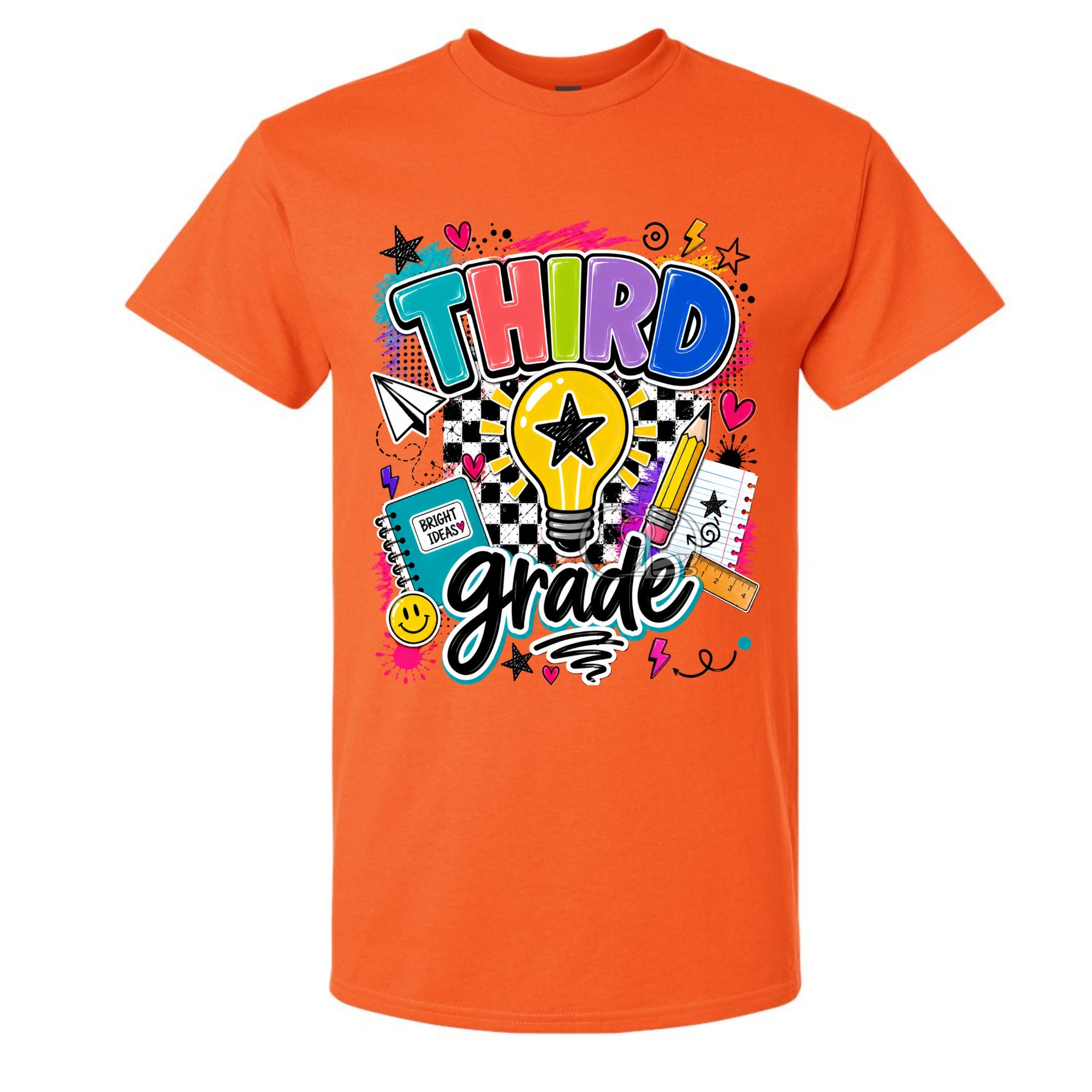 An orange short-sleeve crewneck t-shirt featuring a colorful 'Third Grade' graphic on the front, complete with a lightbulb, stars, hearts, and school supplies.