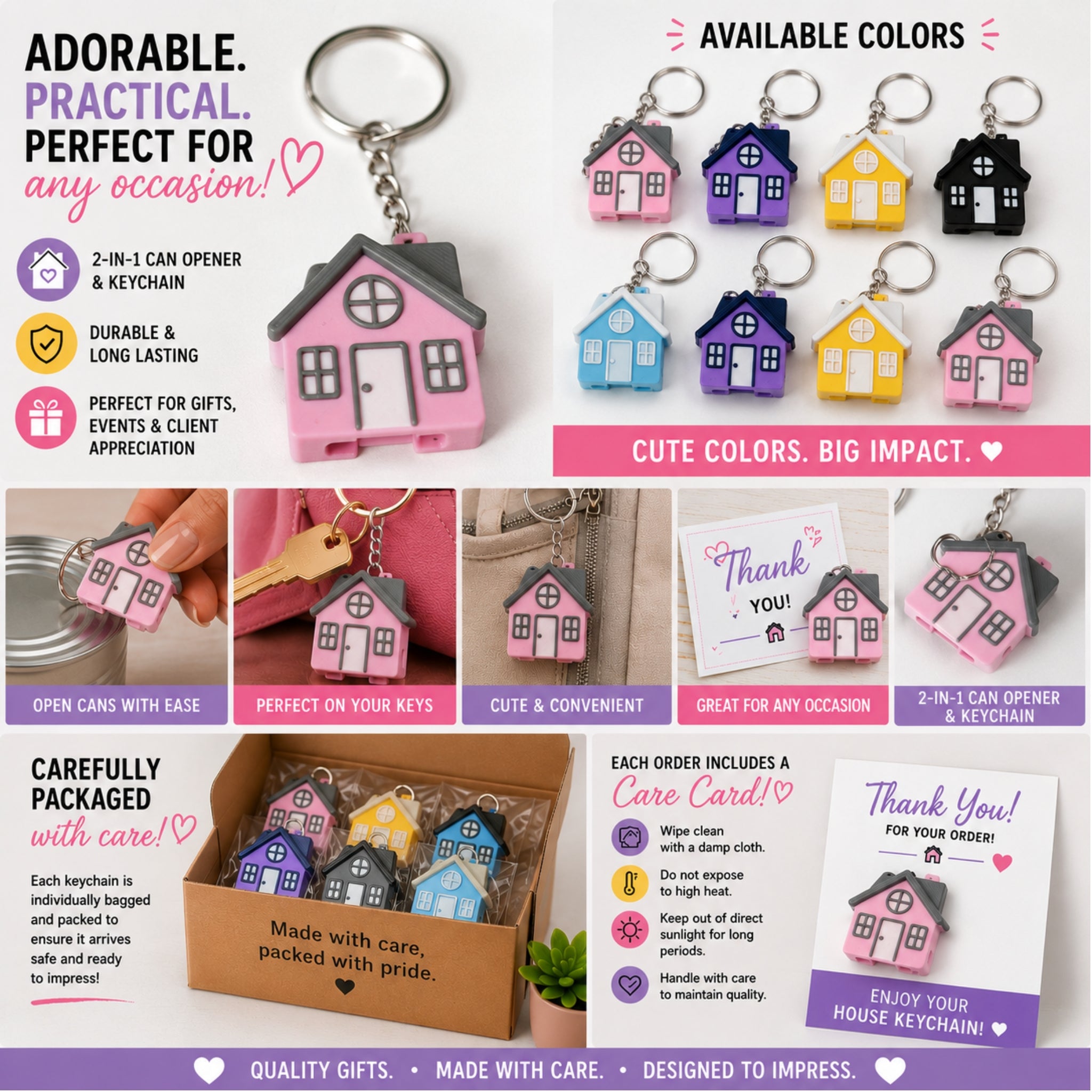 A promotional collage for a house-shaped keychain set. The main product shown is a pink house keychain with a 2-in-1 can opener and keychain function, displayed alongside other color options (yellow, blue, purple, black, white).