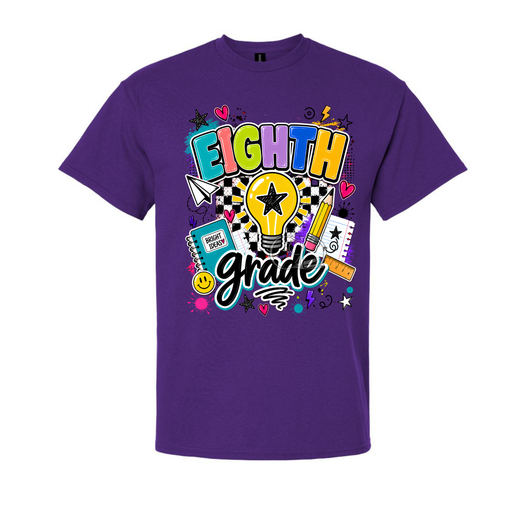 A purple short-sleeve crewneck t-shirt featuring a colorful 'EIGHTH Grade' graphic on the front, displayed against a solid white background.
