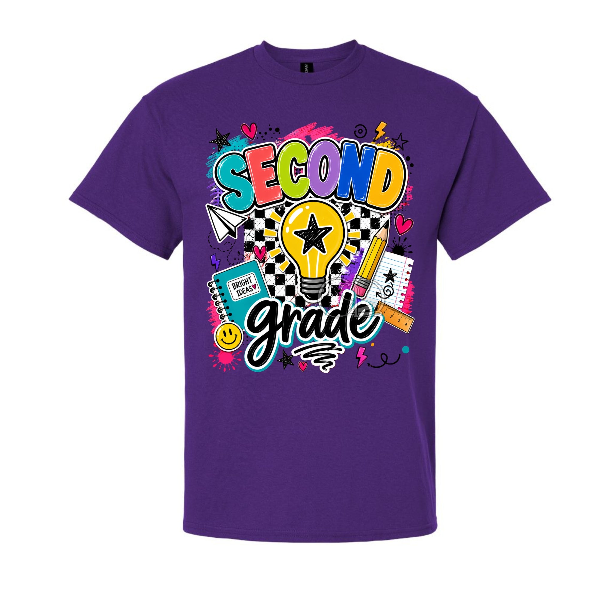 A purple short-sleeve crewneck t-shirt featuring a colorful graphic on the front that reads 'SECOND grade' with school-themed doodles like a lightbulb, notebook, pencil, and stars.