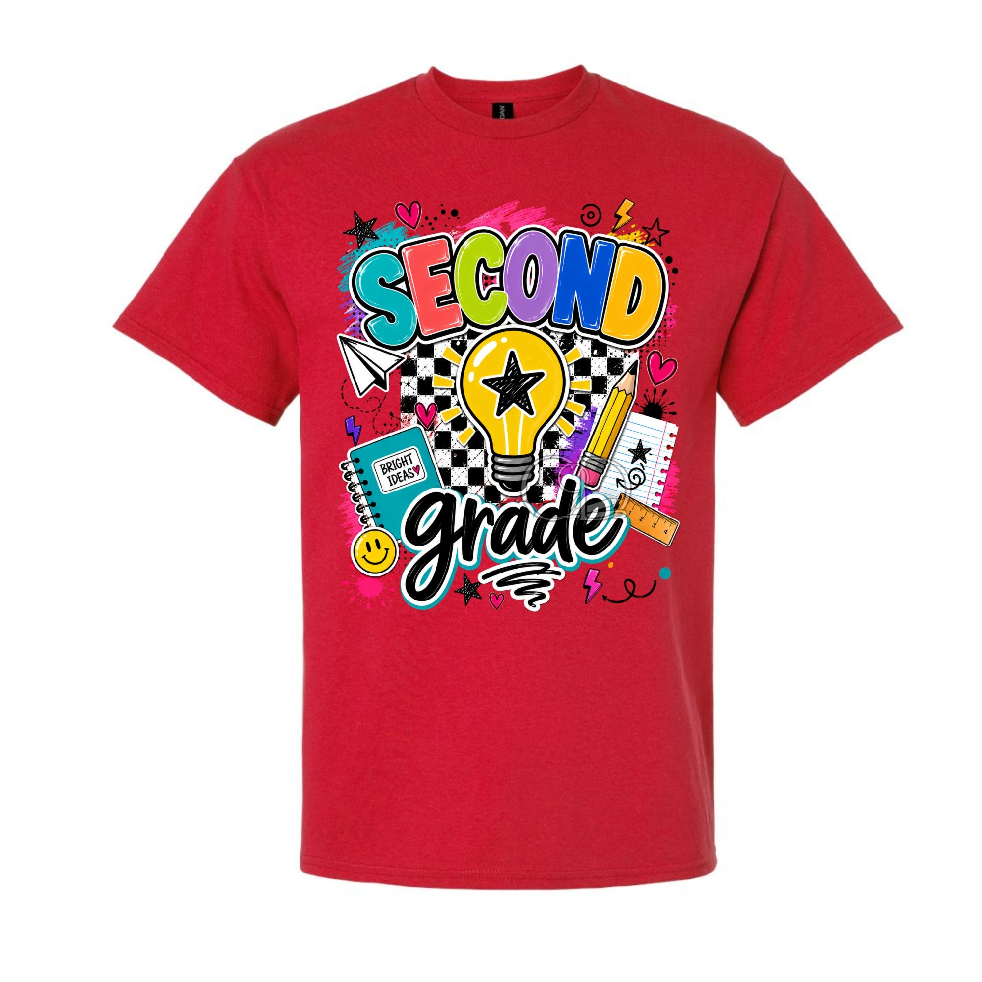 A red short-sleeve crewneck t-shirt featuring a colorful graphic on the front that reads 'SECOND grade' with school-themed doodles including a lightbulb, notebook, pencil, and stars.