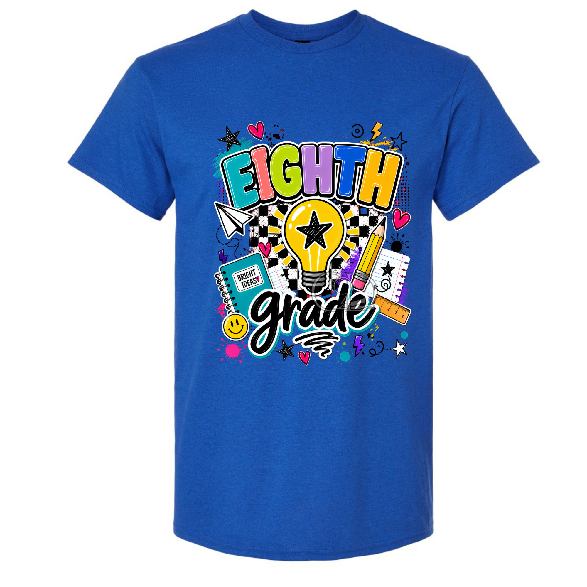 A royal blue short-sleeve t-shirt with a colorful 'EIGHTH grade' graphic on the chest, featuring school-themed doodles like a lightbulb, pencil, notebook, and stars.