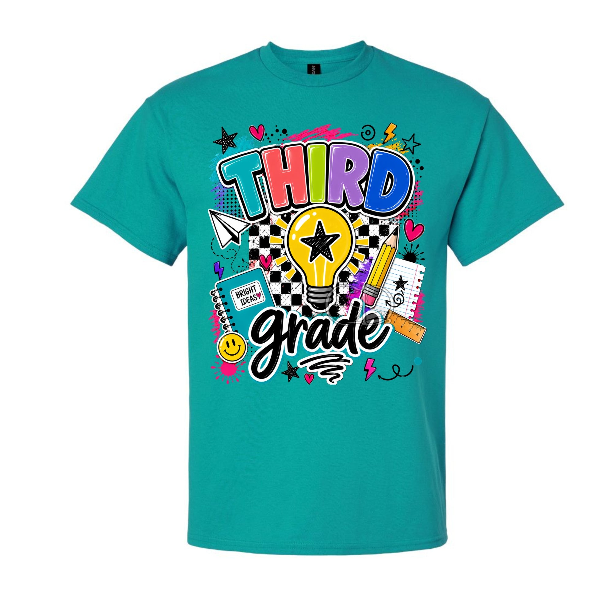 A teal short-sleeve crewneck t-shirt featuring a colorful graphic on the front that reads 'THIRD grade' with school-themed doodles including a lightbulb, pencil, notebook, and stars.