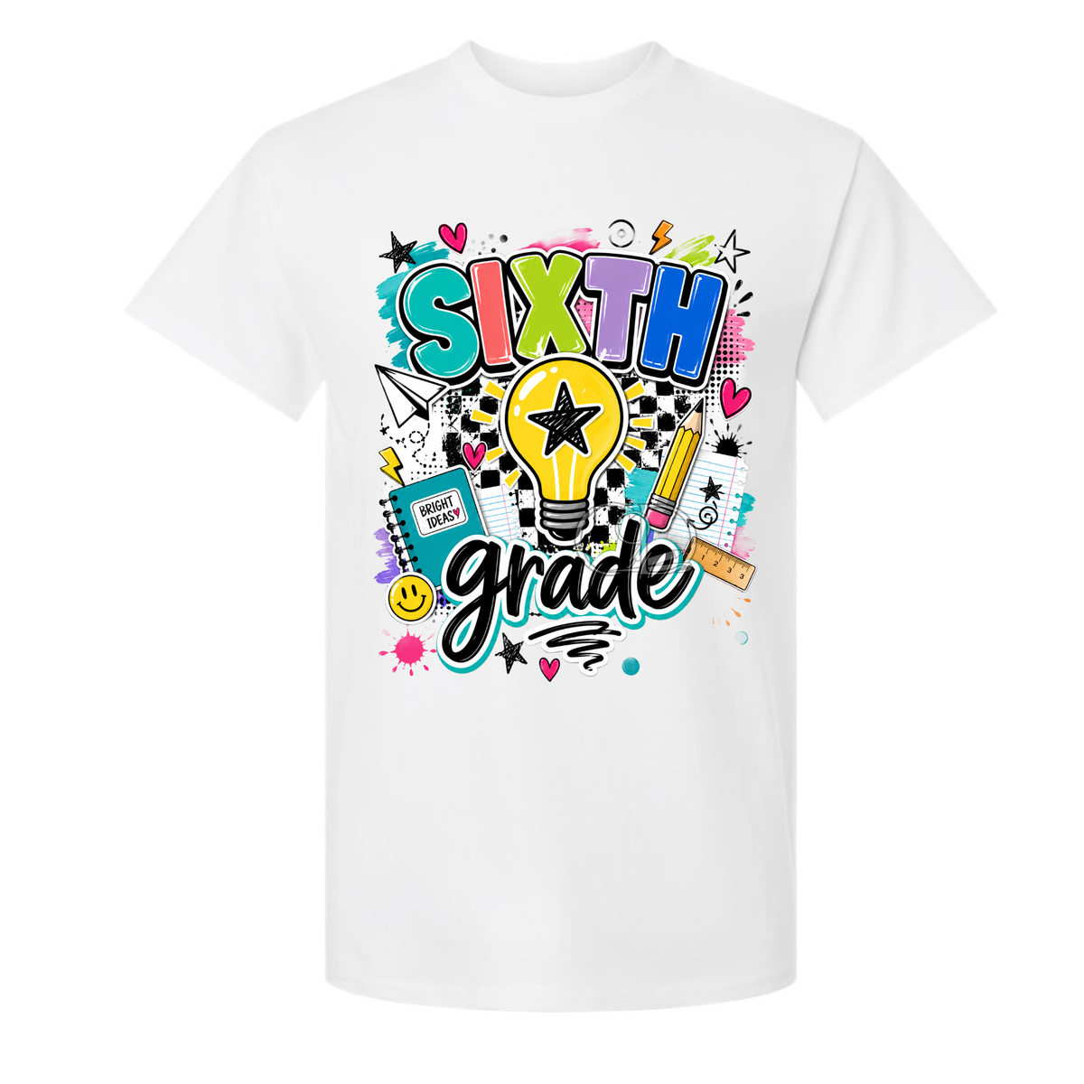 A white short-sleeve crewneck t-shirt featuring a colorful 'SIXTH grade' graphic print on the front, complete with a lightbulb, pencil, notebook, and stars.
