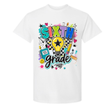 A white short-sleeve crewneck t-shirt featuring a colorful 'SIXTH grade' graphic print on the front, complete with a lightbulb, pencil, notebook, and stars.