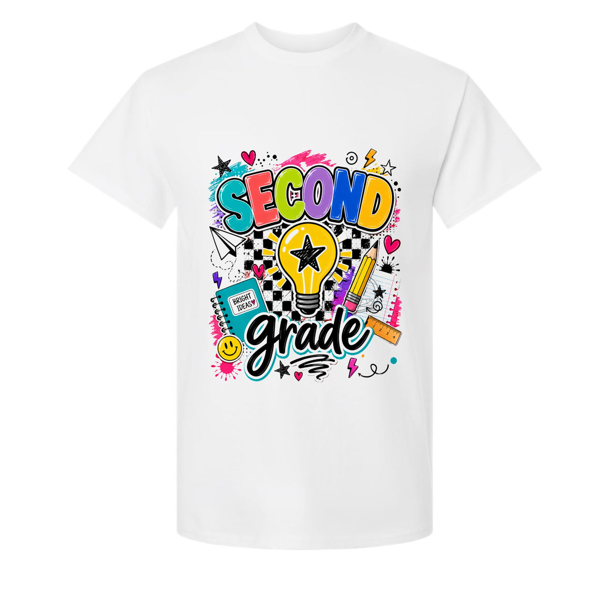 A white short-sleeve crewneck t-shirt featuring a colorful graphic print on the front that reads 'SECOND Grade' in playful multicolor lettering with school-themed doodles like a lightbulb, notebook, and pencil.