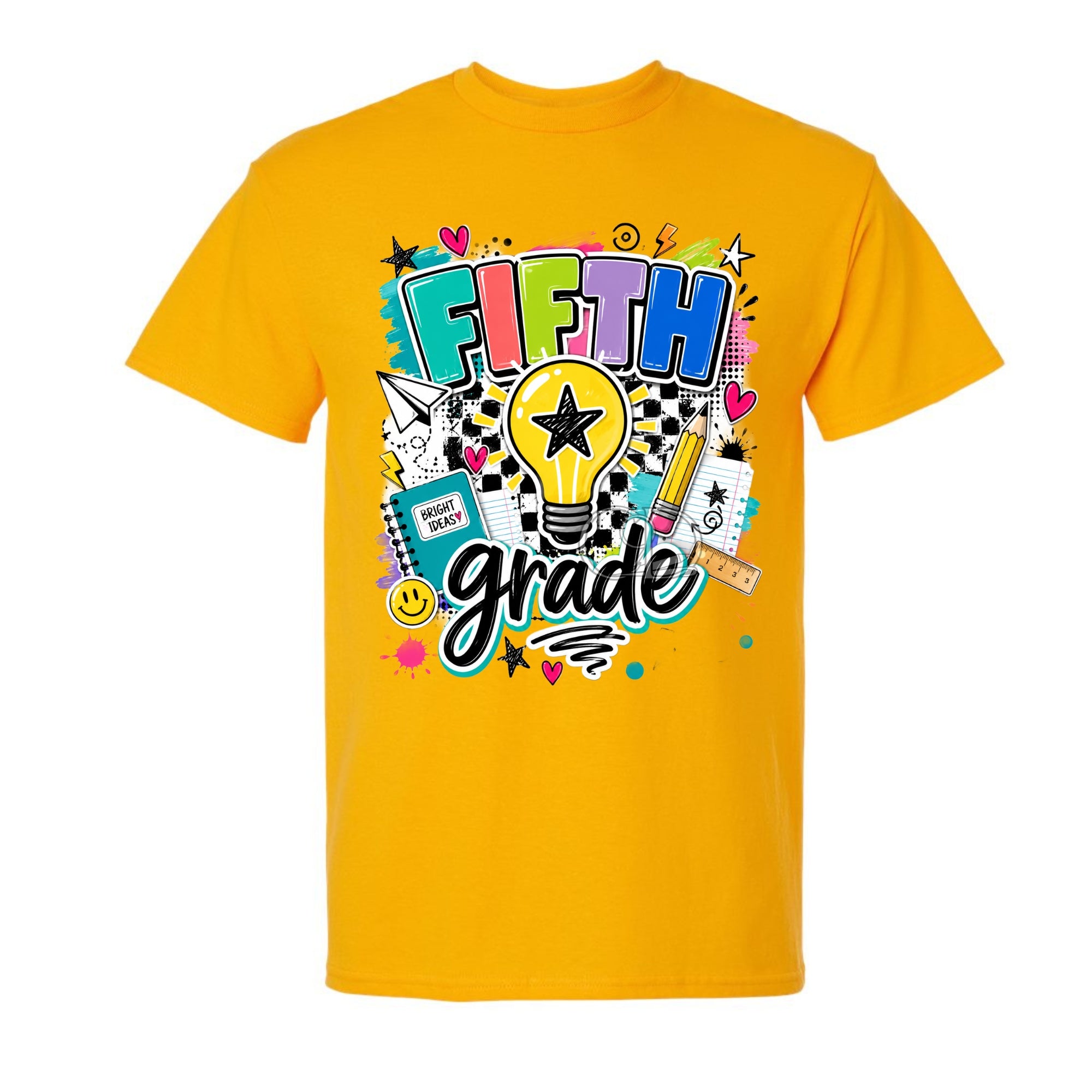 A bright yellow short-sleeve t-shirt with a colorful 'Fifth Grade' graphic on the front, featuring school-themed doodles, a lightbulb, and checkered patterns, shown against a plain white background.