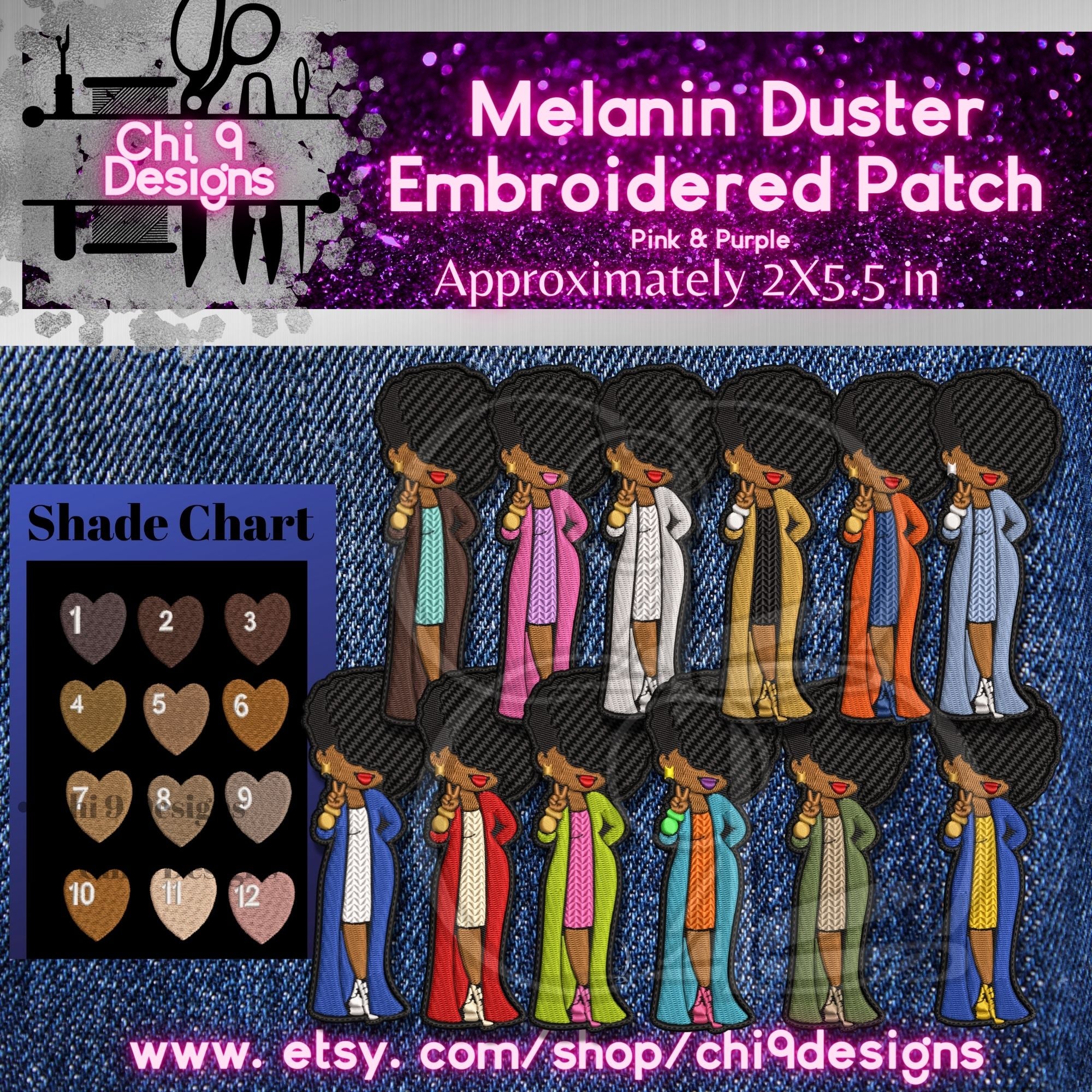 Melanin Duster Embroidered Patch with Orange and Blue Colored Clothes