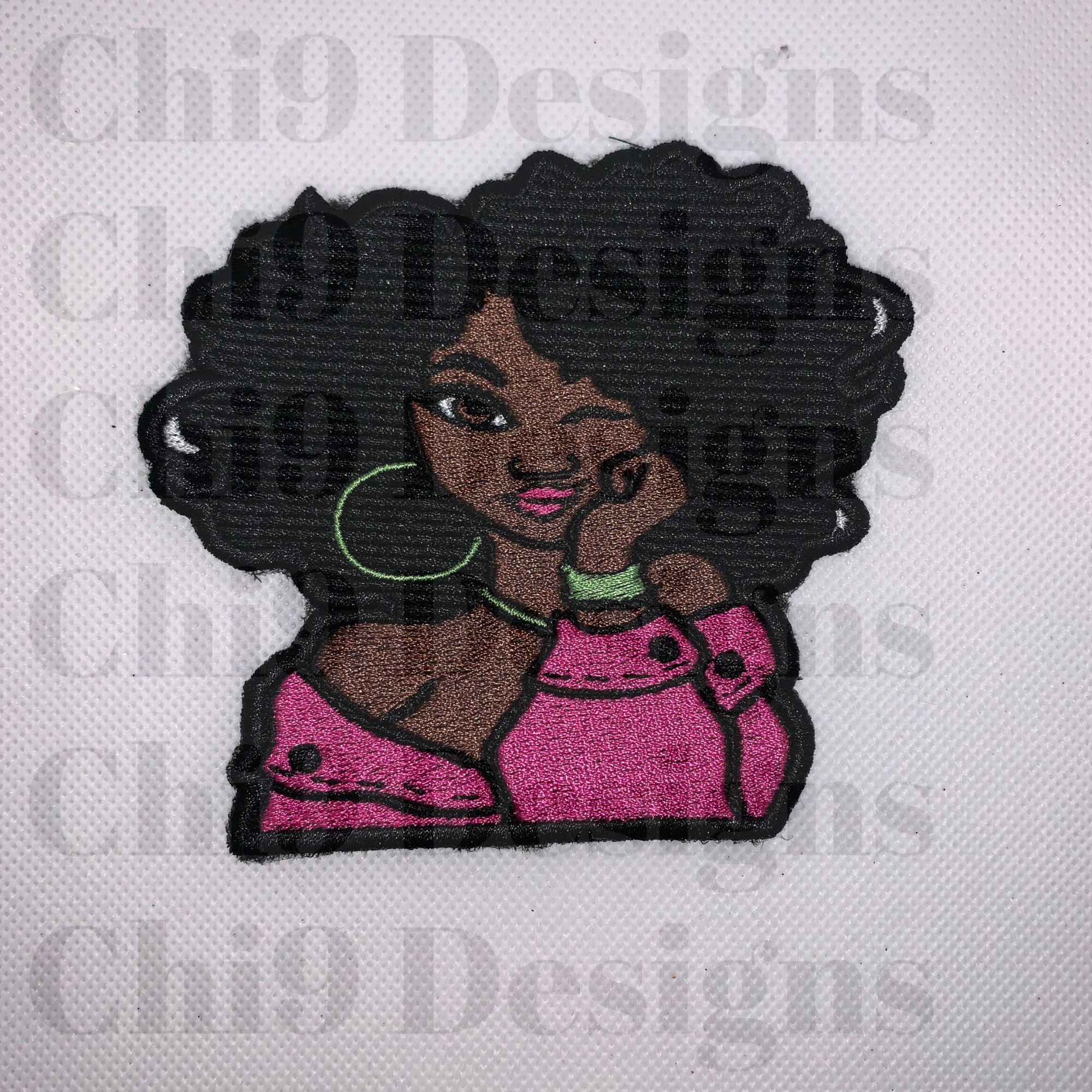 Winking Woman Afro Pink and Green Patch