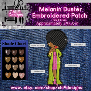 Melanin Duster Embroidered Patch with Pink and Green Clothes