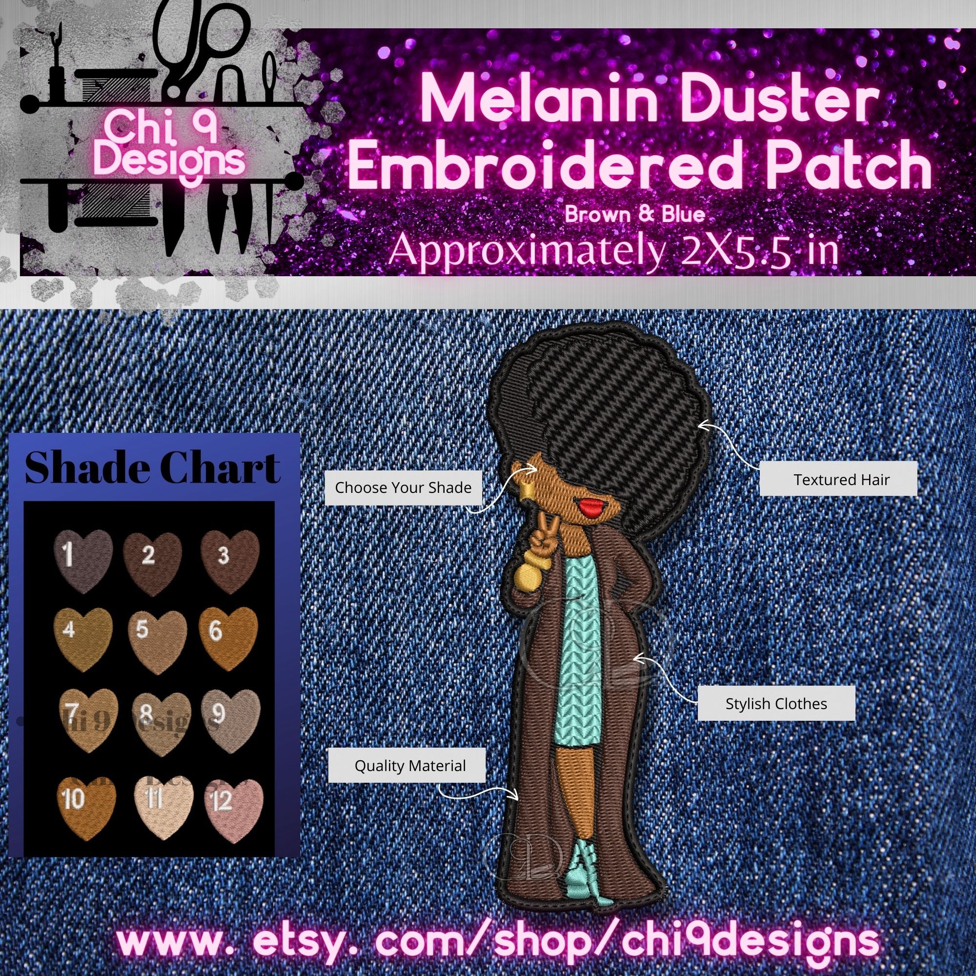 Melanin Duster Embroidered Patch with Brown and Blue Clothes