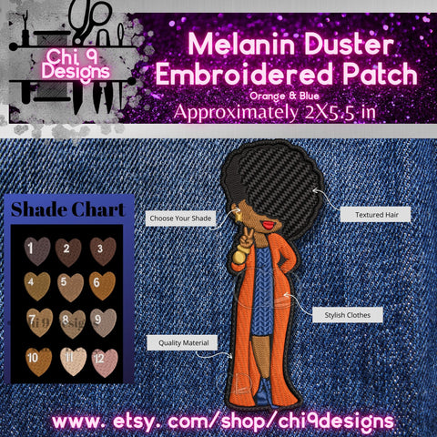 Melanin Duster Embroidered Patch with Orange and Blue Colored Clothes