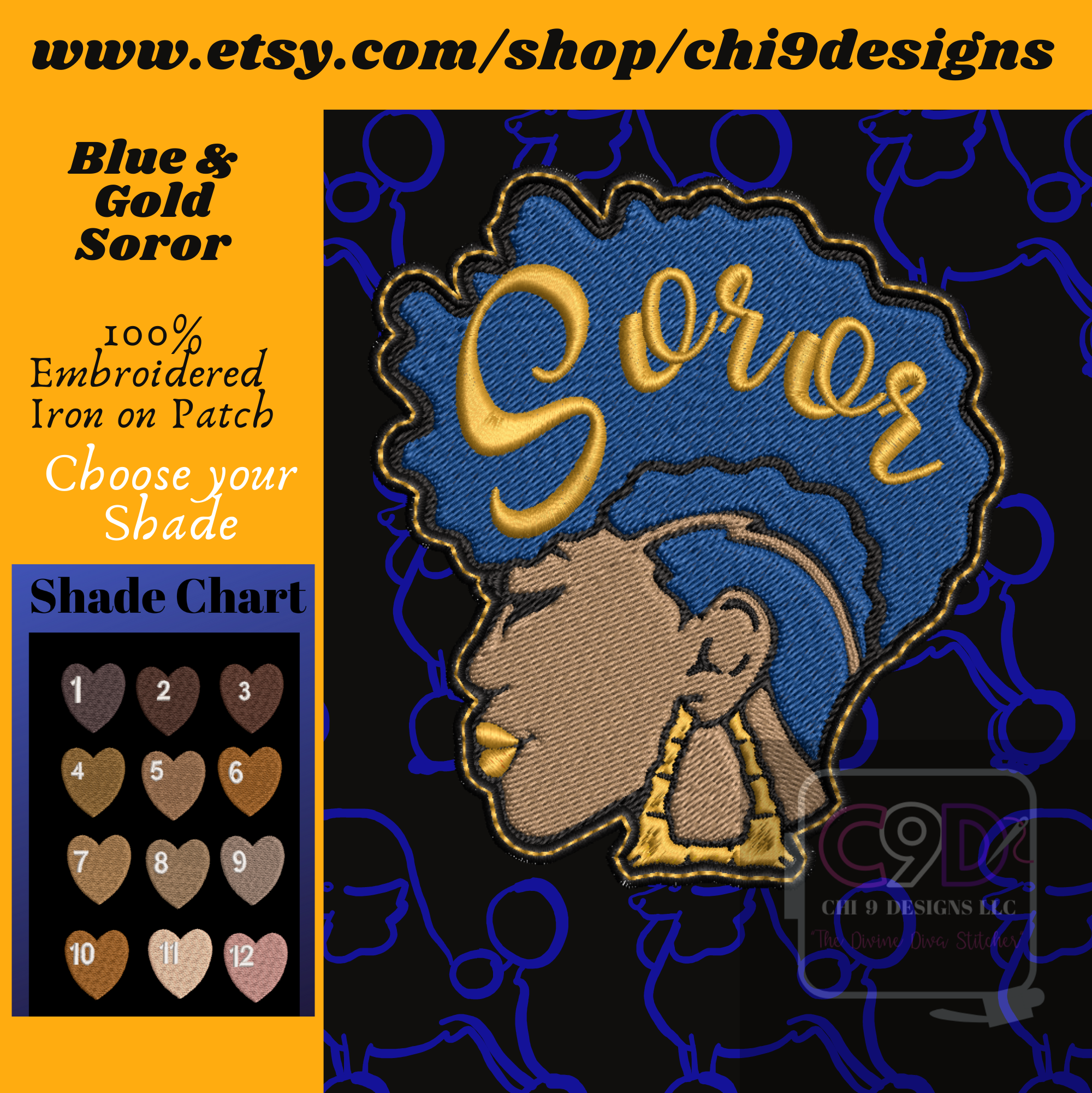Sideview Bamboo Earring African American Embroidered Patch Blue/Gold